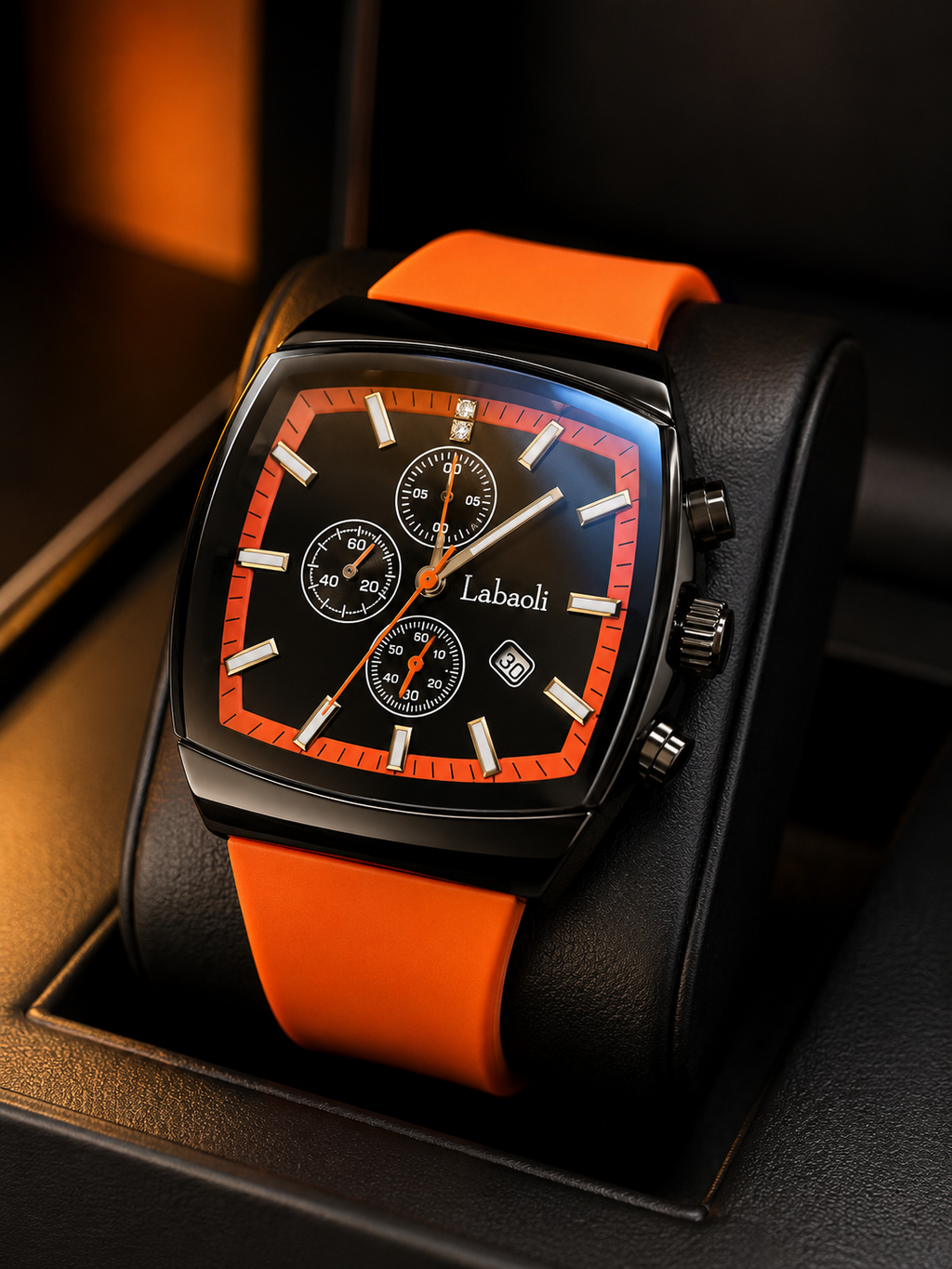 Labaoli Men’s Square Sports Fashion Watch – Black Red Dial Orange Strap