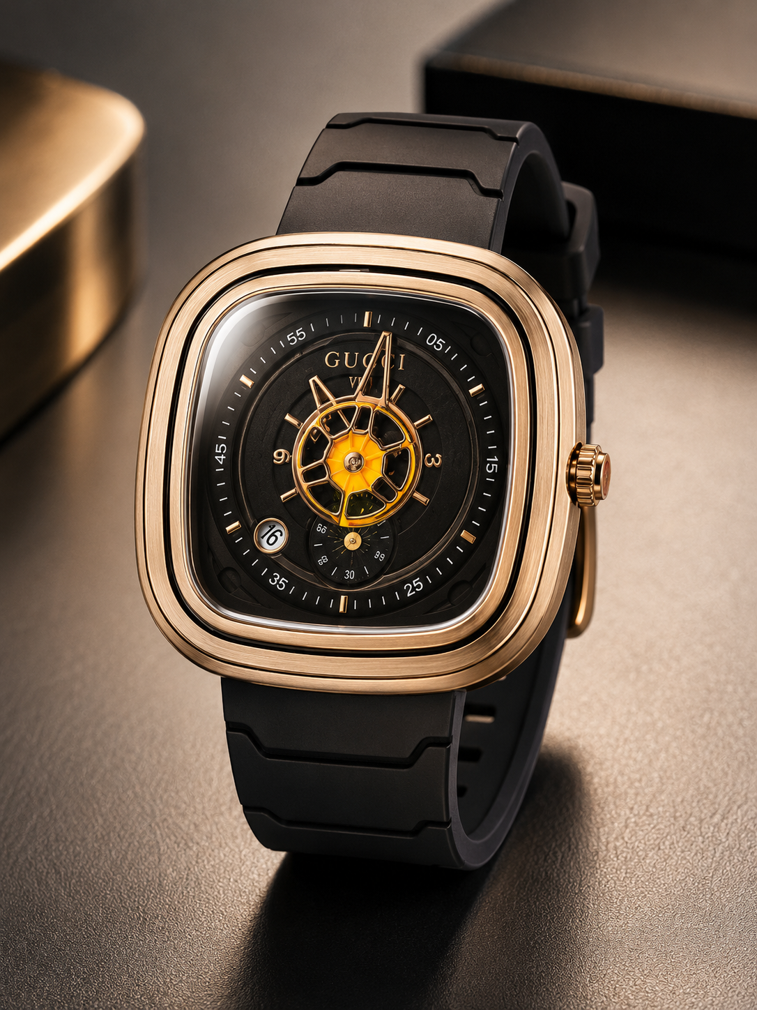 GUOU Men’s Luxury Skeleton Square Watch – Rose Gold Black Strap