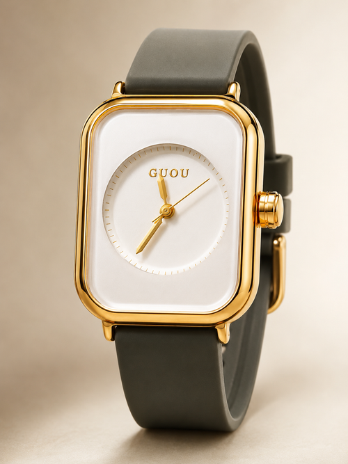 GUOU Model 15 Women’s Elegant Rectangular Dial Quartz Watch – Black Strap & Rose Gold Case