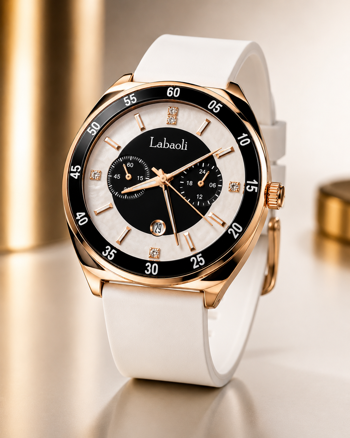 Labaoli Men’s Luxury Sports Fashion Watch – White Strap Black Dial