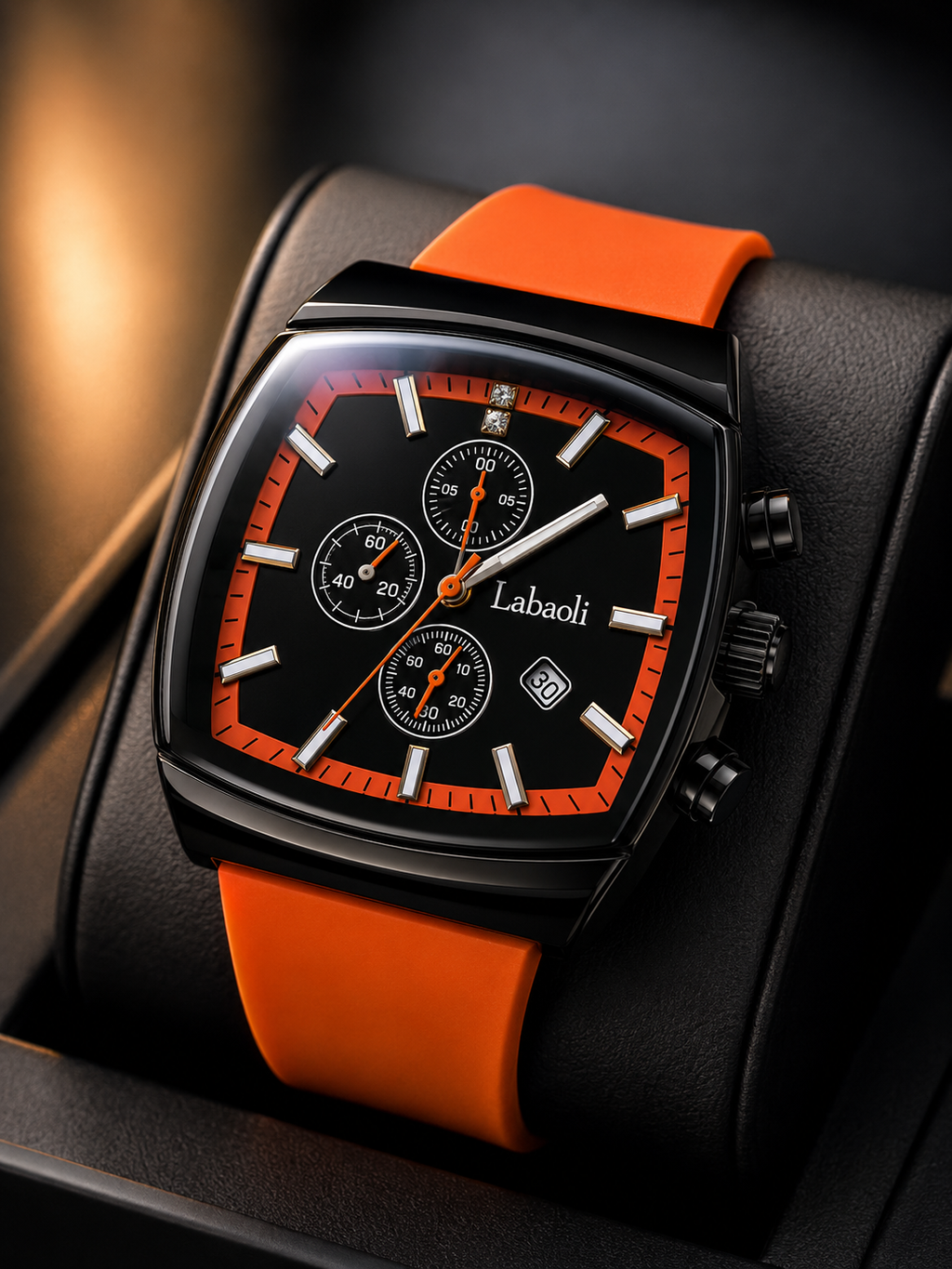 Labaoli Men’s Square Sports Fashion Watch – Black Red Dial Orange Strap
