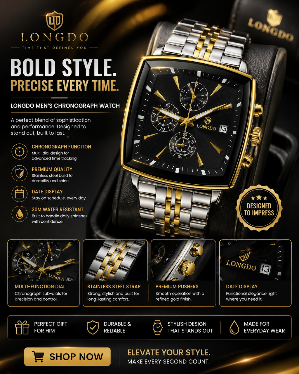 LONGBO Men’s Luxury Business Watch – Japanese Movement Square Dial Stainless Steel Strap