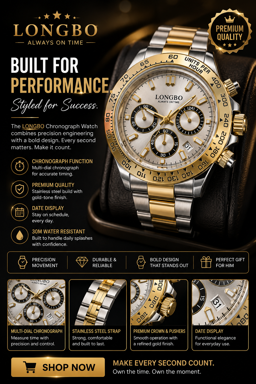 LONGBO Men’s Luxury Sports Watch – Japanese Movement Stainless Steel Strap