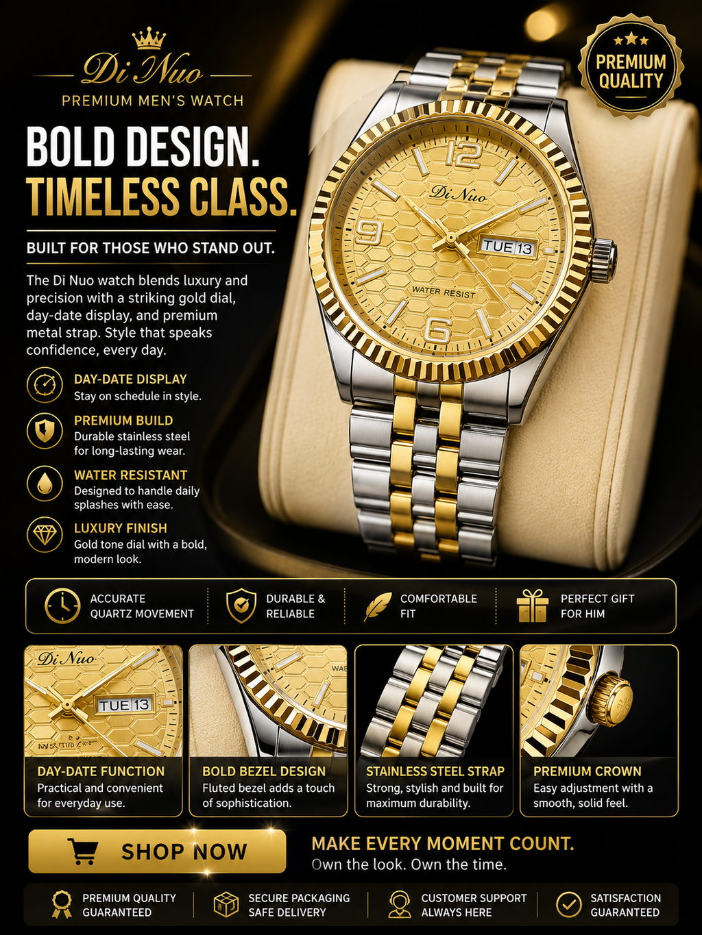 DiNuo Men’s Luxury Business Watch – Japanese Movement Stainless Steel Strap