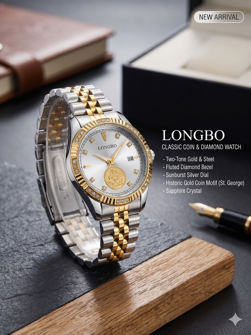 LONGBO Women’s Luxe Diamond Watch – Japanese Movement Silver Gold Bracelet Watch