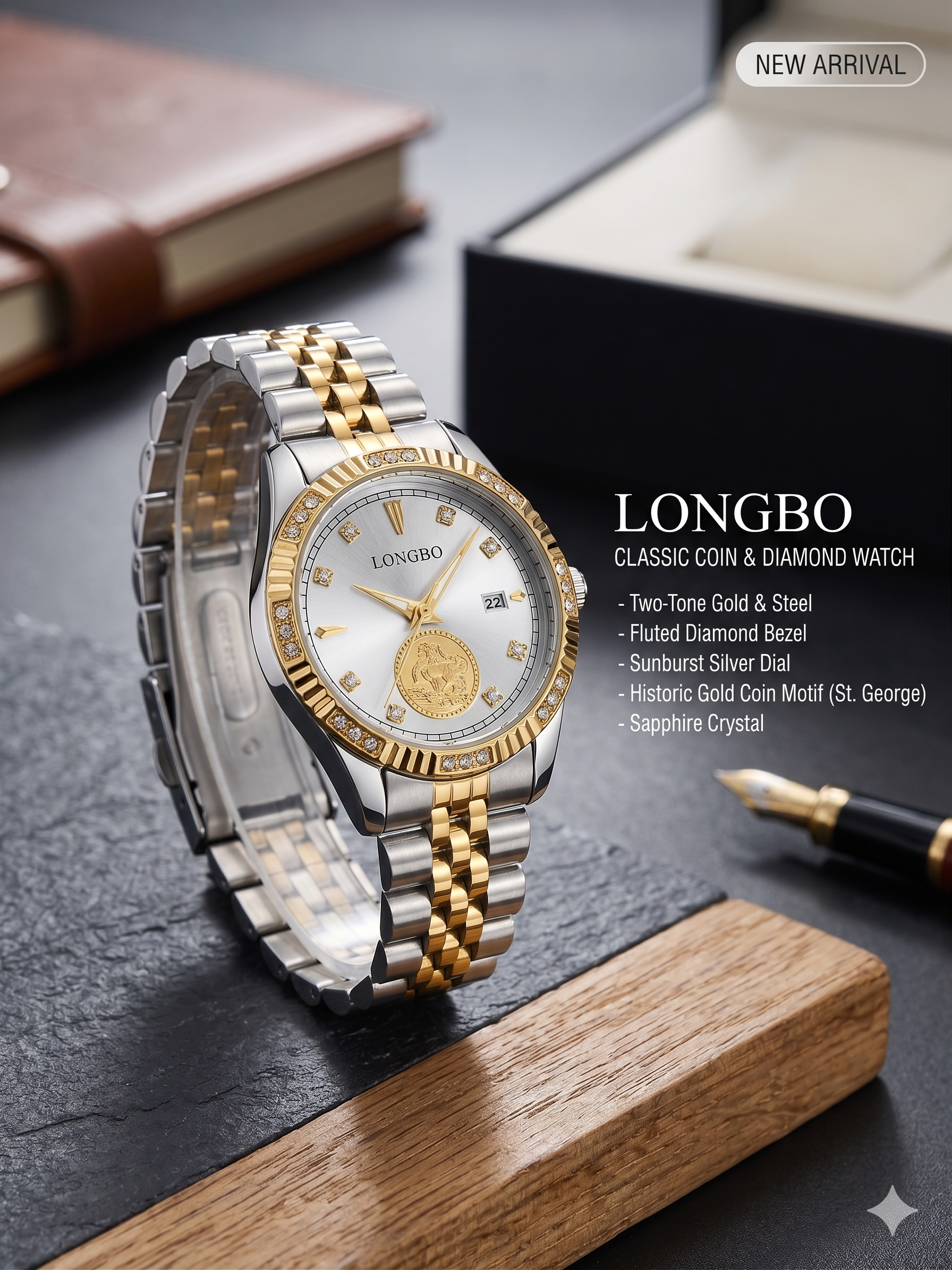 LONGBO Women’s Luxe Diamond Watch – Japanese Movement Silver Gold Bracelet Watch