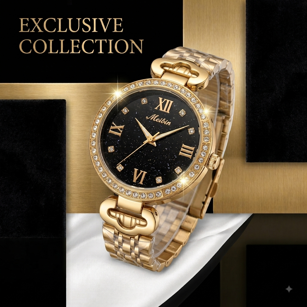 MELBIN Women's Sparkle Black Dial Rose Gold Stainless Steel Watch