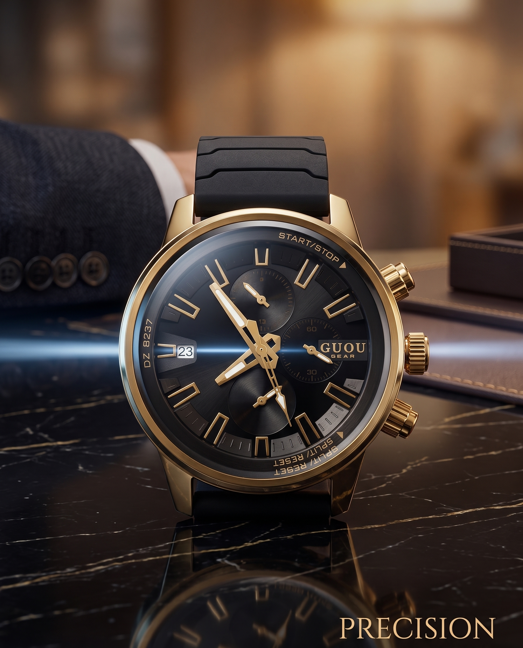 GUOU Men’s Gold Chronograph Watch – Luxury Black Dial
