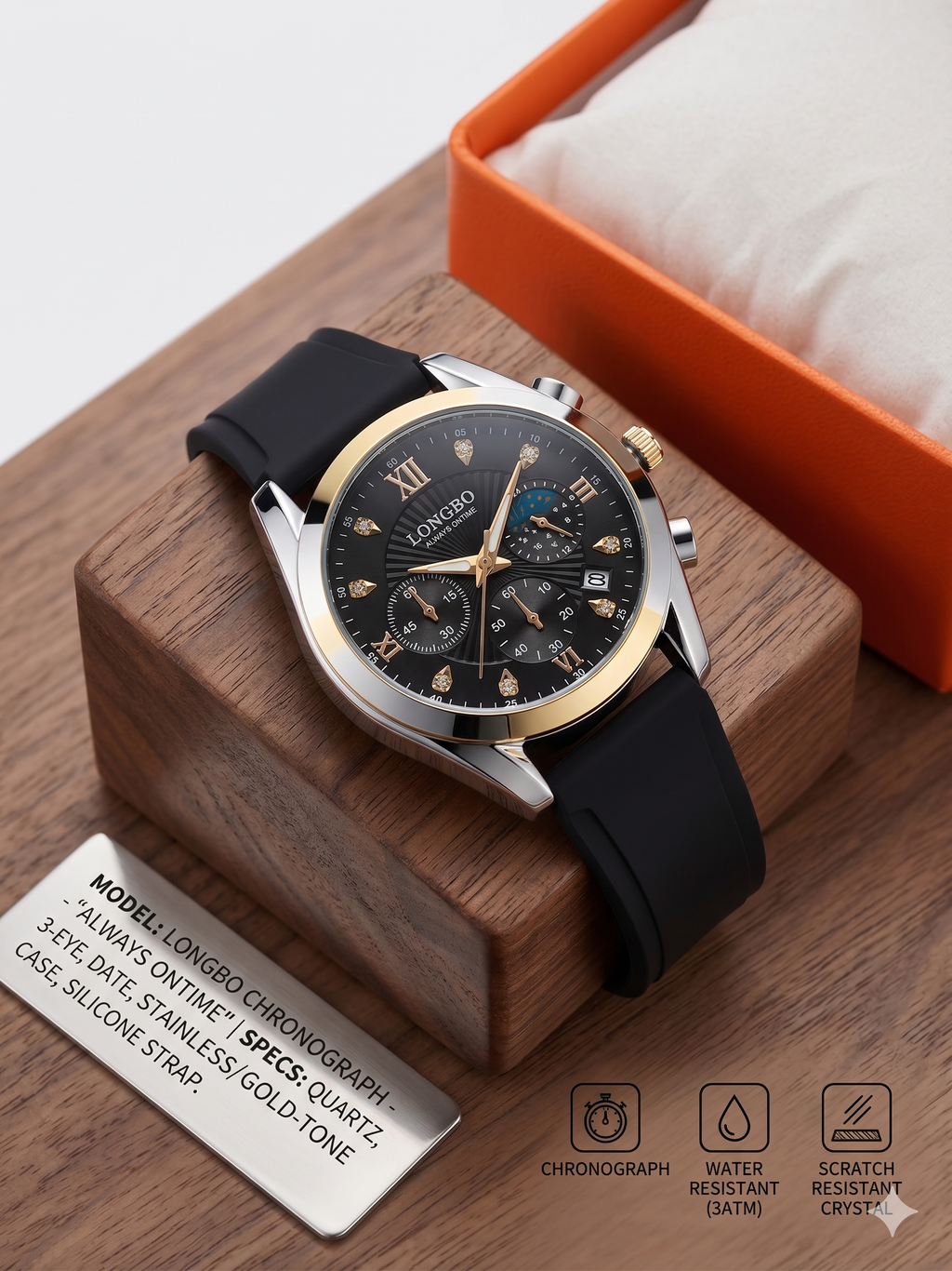LONGBO  Men’s Luxury Sports Watch – Japanese Movement Black Silicone Strap
