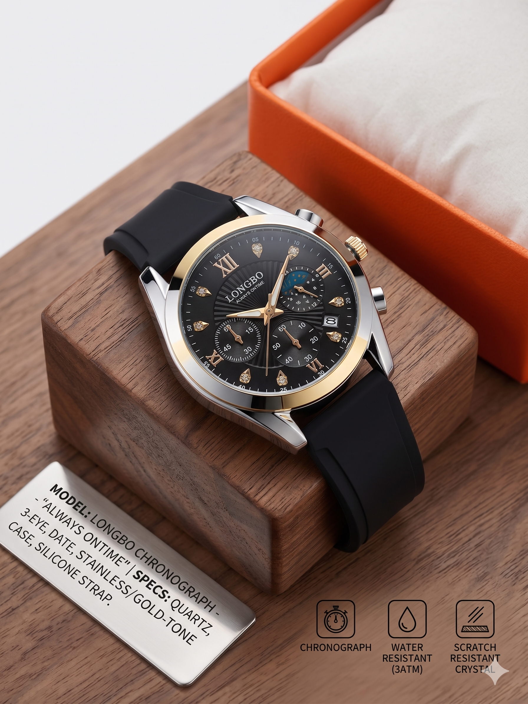 LONGBO  Men’s Luxury Sports Watch – Japanese Movement Black Silicone Strap