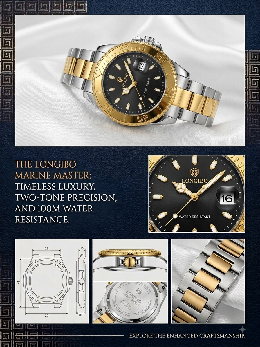 LONGBO Men's Gold & Silver Crystal Stainless Steel Quartz Watch