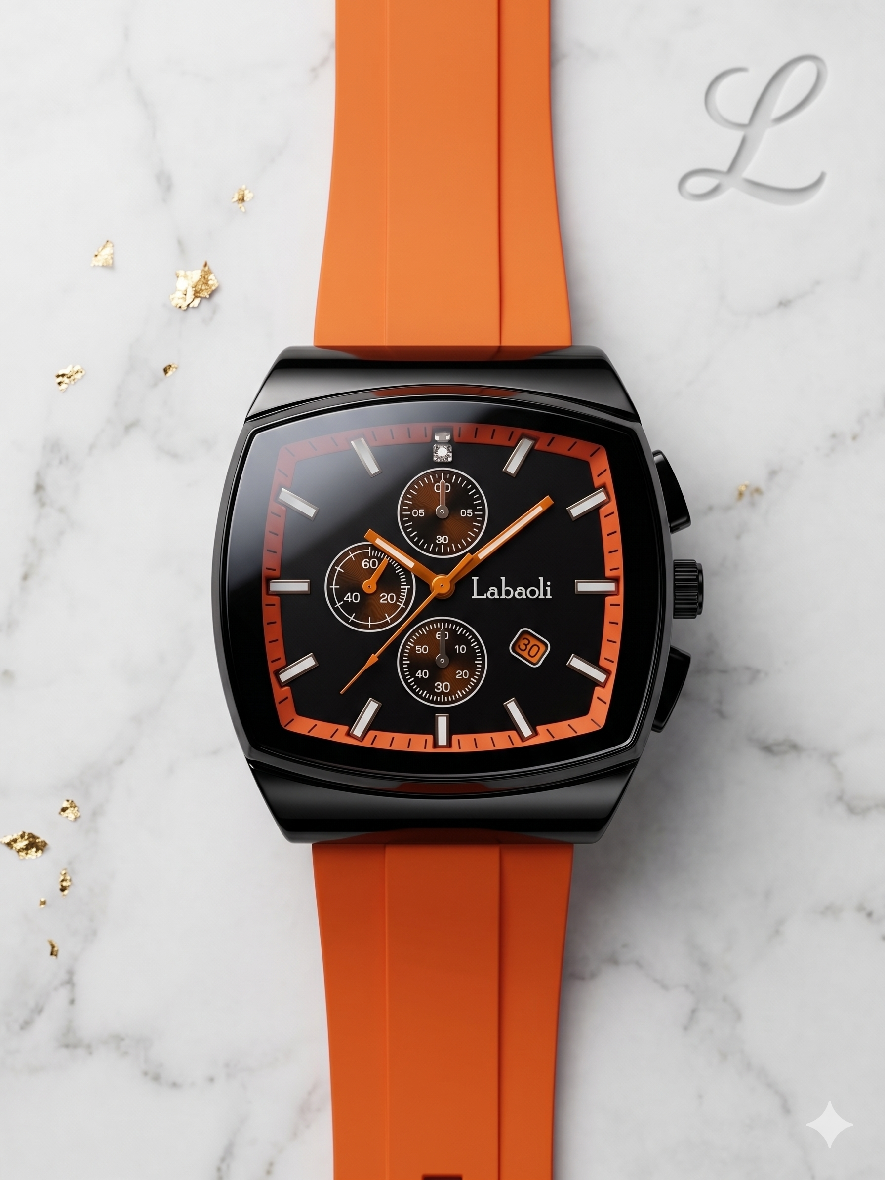 Labaoli Men’s Square Sports Fashion Watch – Black Red Dial Orange Strap