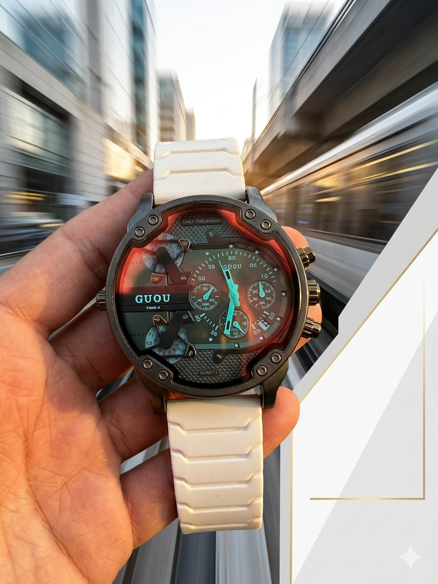 GUOU Men’s Futuristic Chronograph Watch – White Strap Cyber Design