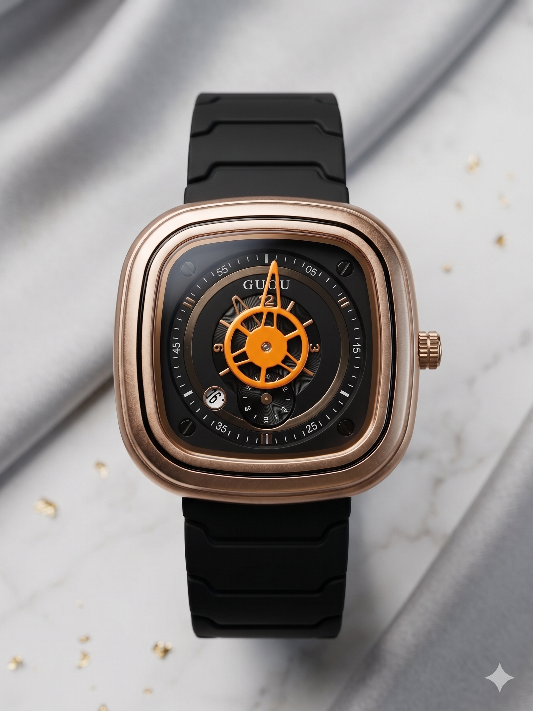 GUOU Men’s Luxury Skeleton Square Watch – Rose Gold Black Strap