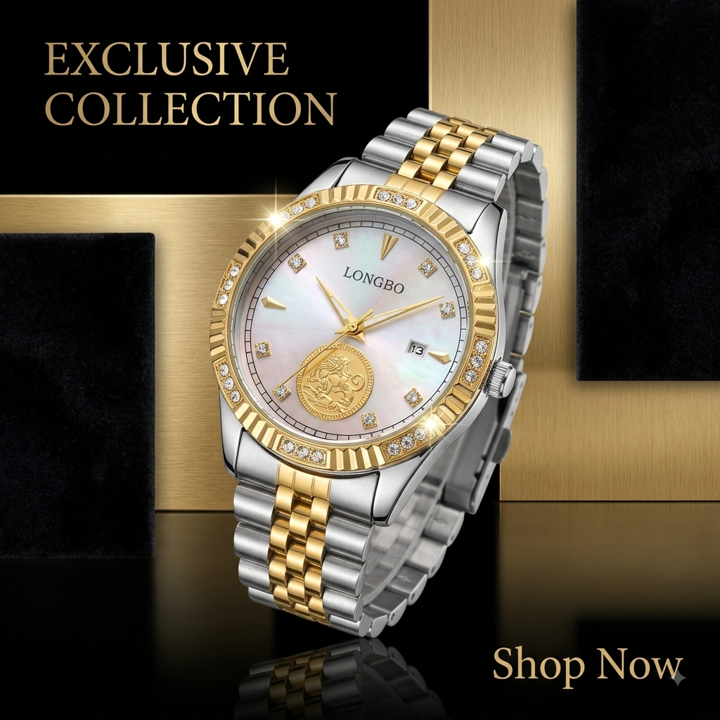 LONGBO Men's Gold & Silver Crystal Stainless Steel Quartz Watch