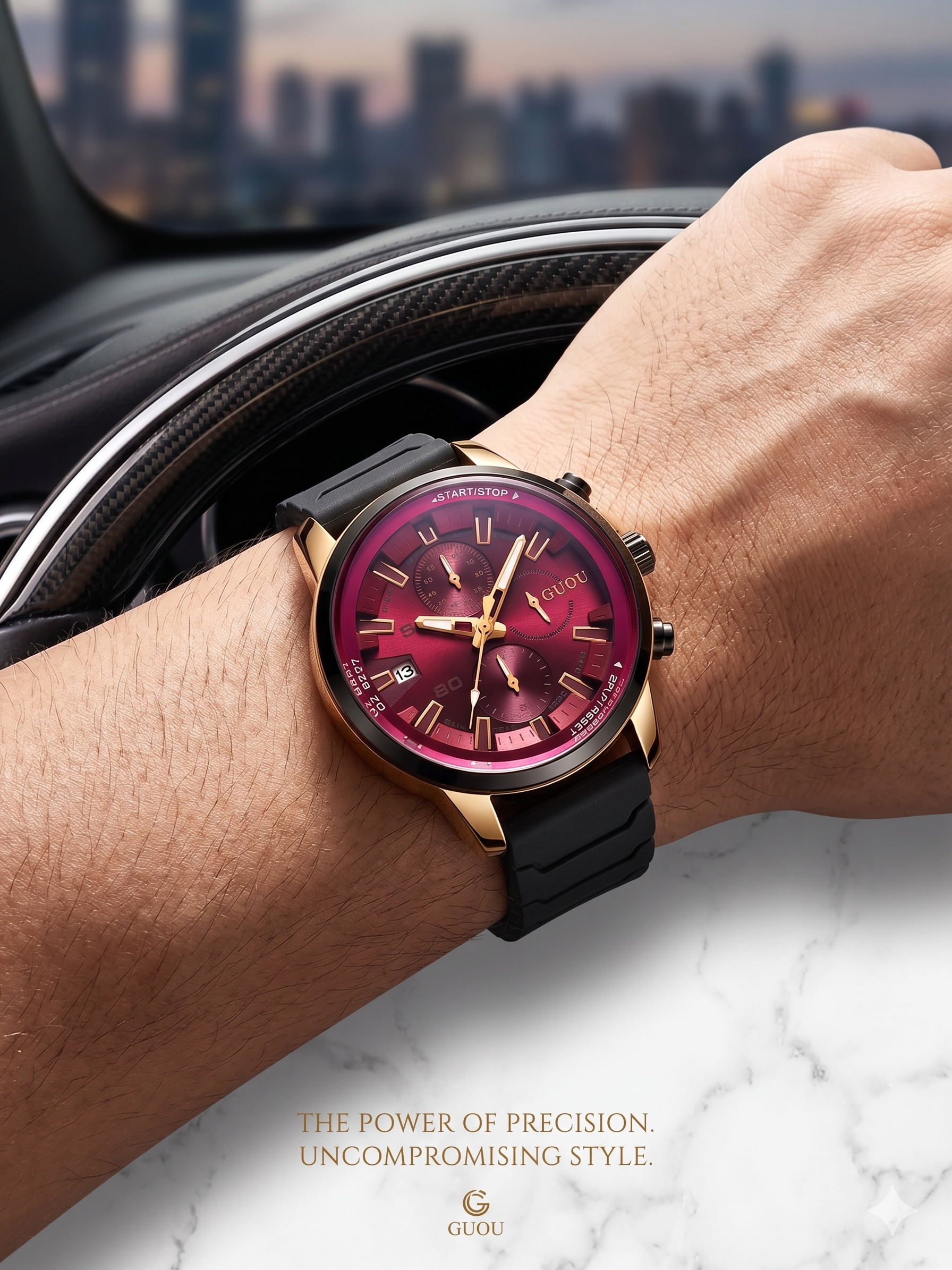 GUOU Men’s Gold Chronograph Watch – Luxury Black Dial