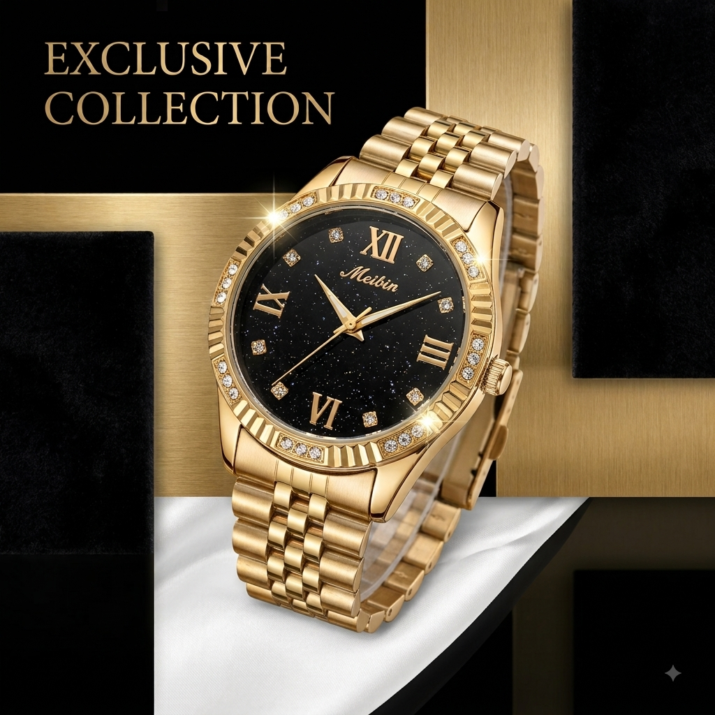 MELBIN Women's Sparkle Black Dial Rose Gold Stainless Steel Watch