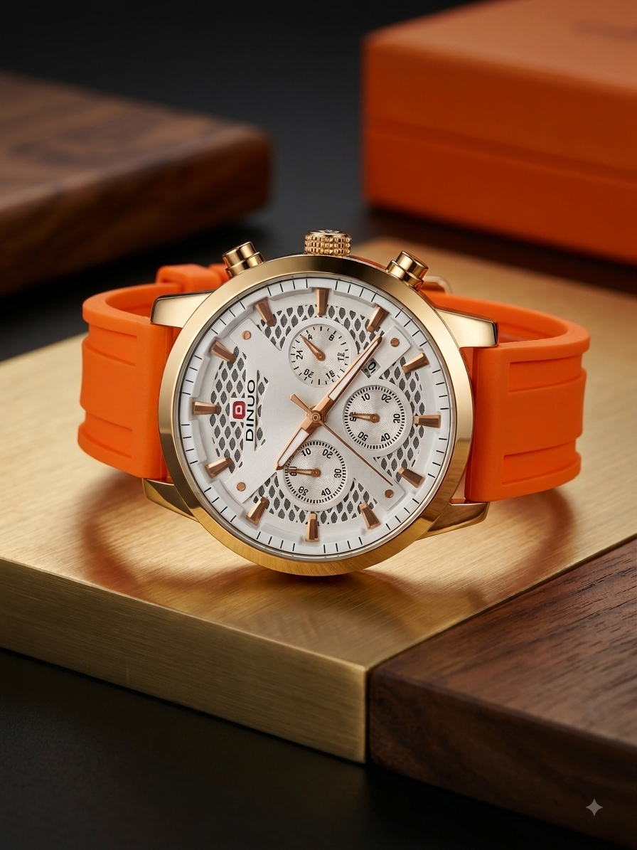 RINUO Men's Chronograph Watch – White Gold & Orange