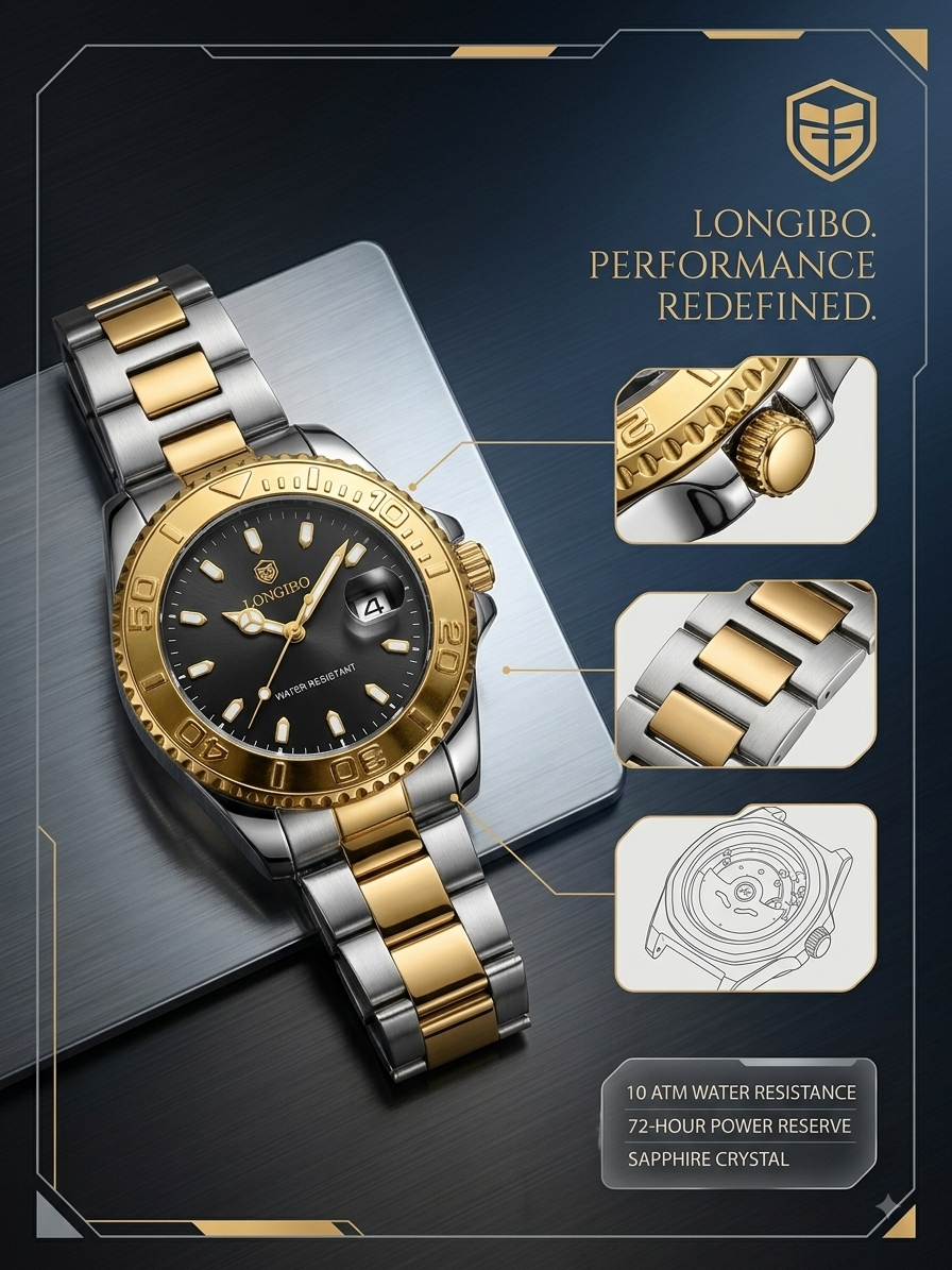 LONGBO Men's Black Dial Gold & Silver Stainless Steel Quartz Watch