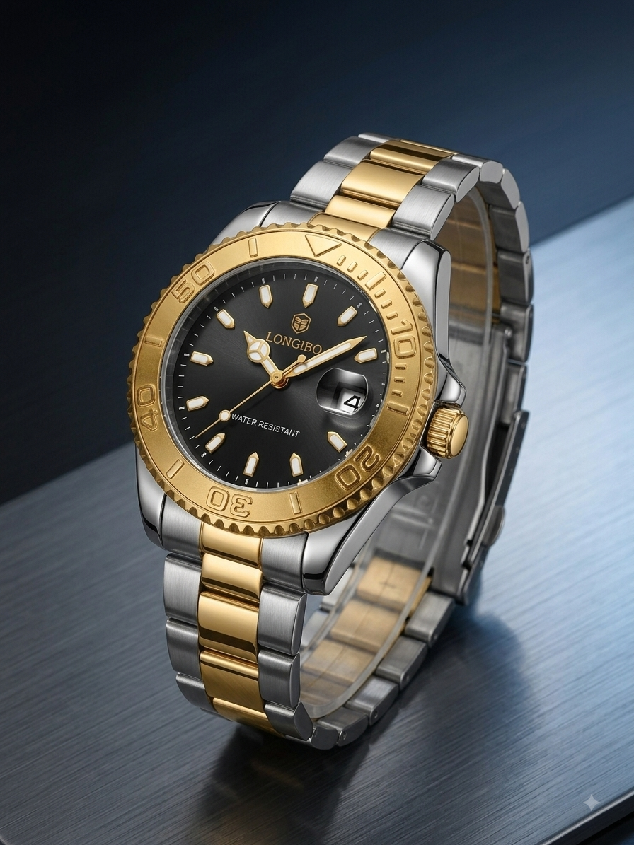 LONGBO Men's Black Dial Gold & Silver Stainless Steel Quartz Watch