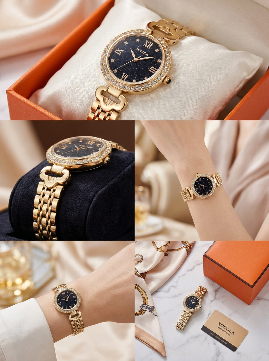 Nesun Women’s Luxury Diamond Bracelet Watch – Gold Black Dial Quartz Watch